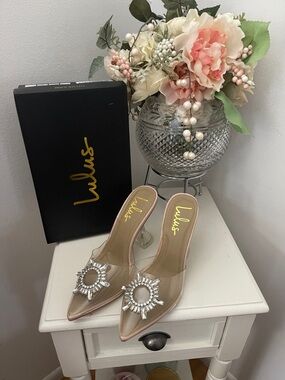 Lulu's Clear Pointed Mule Heels with Tan Beige Base and Crystal Pendant